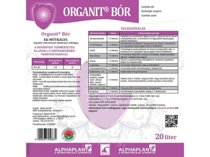 Organit Bór lombtrágya - 20 liter, címke
