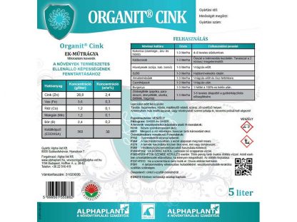 Organit Cink lombtrágya - 5 liter, címke